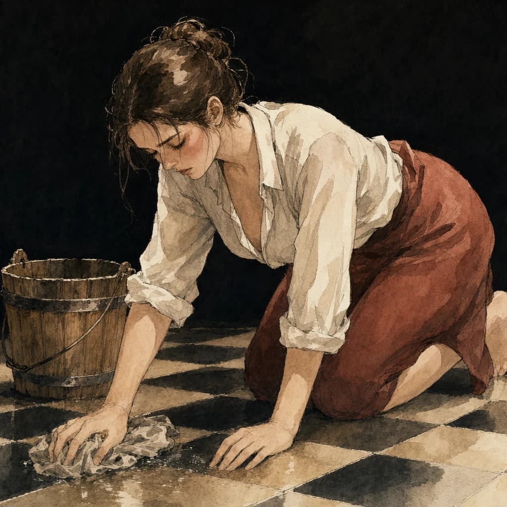 Woman performing household chores in a submissive-wife roleplay built on exaggerated patriarchal gender roles