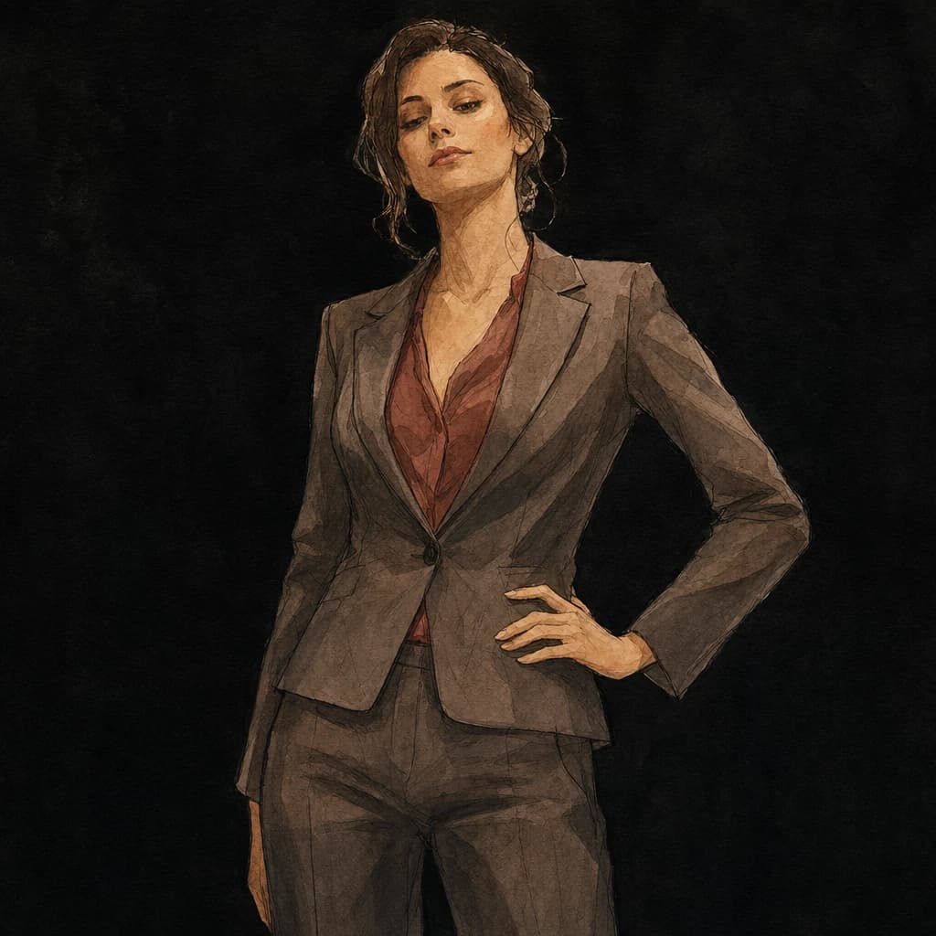 Woman in a tailored suit standing with one hand on her hip
