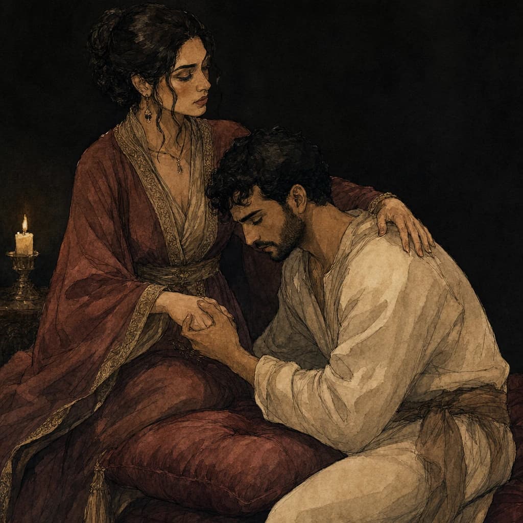 Dominant woman guiding her partner into a comfortable kneel while giving a calm command in the bedroom