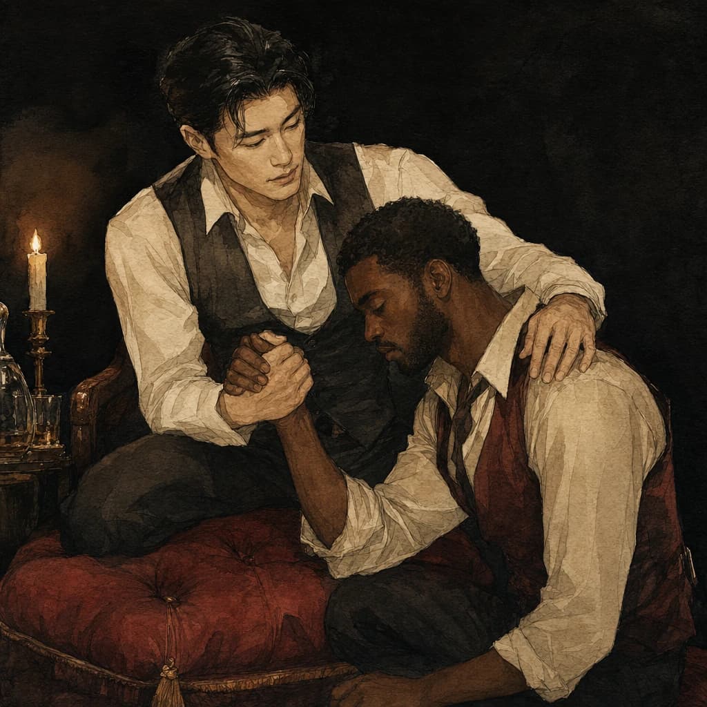 Man kneeling on a red cushion by candlelight while his partner holds his hand and shoulder