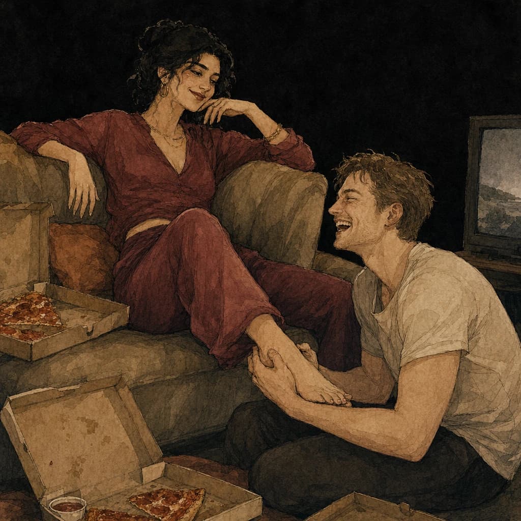 Woman lounging on a sofa while her partner sits on the floor and holds her foot, both laughing