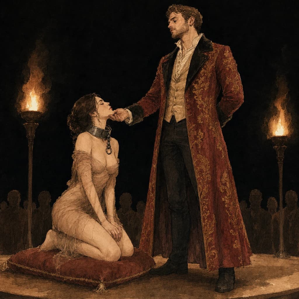 Submissive displayed on the block as a dominant appraises them during a slave auction roleplay scene