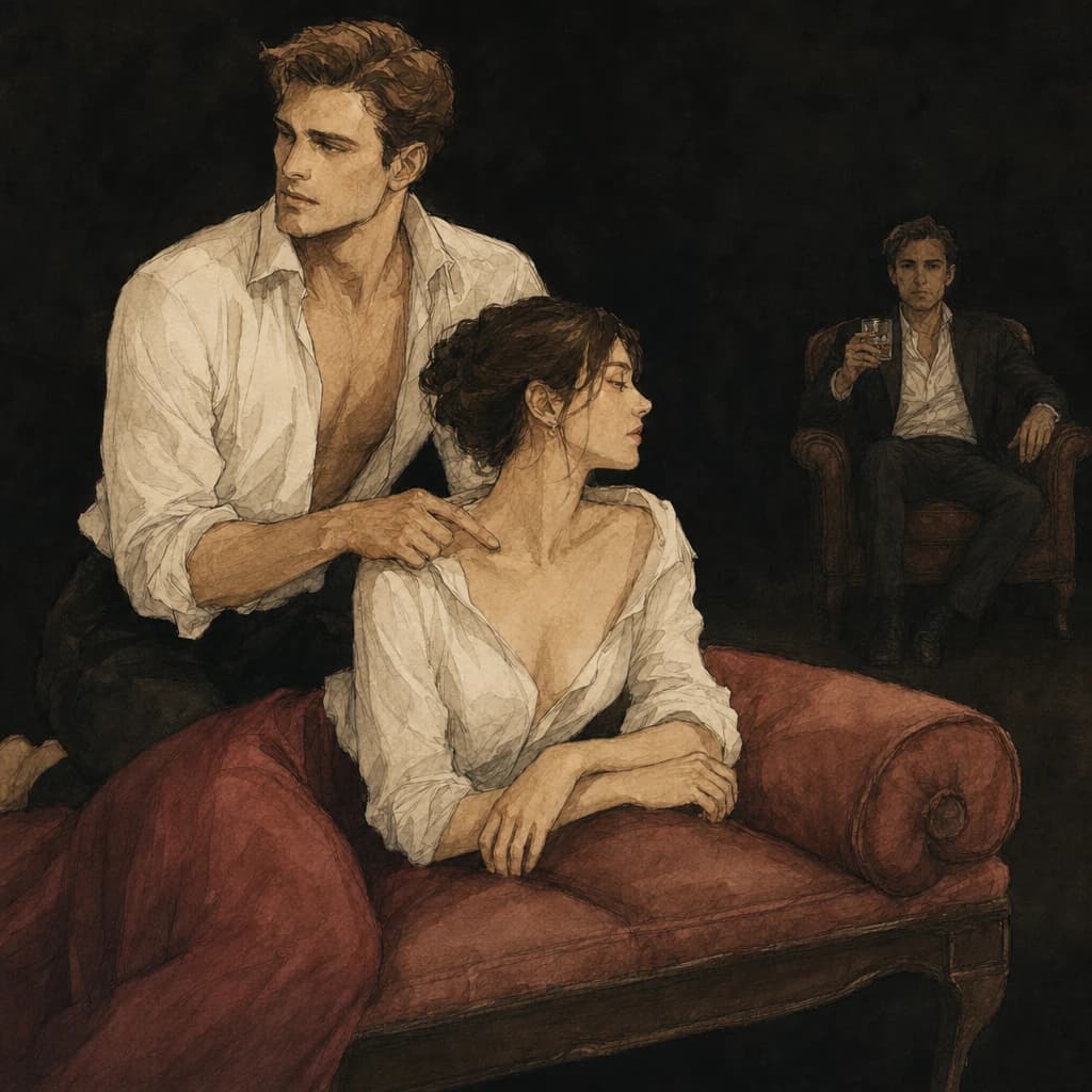 Exhibitionist being observed by a watcher from across the room during consensual play