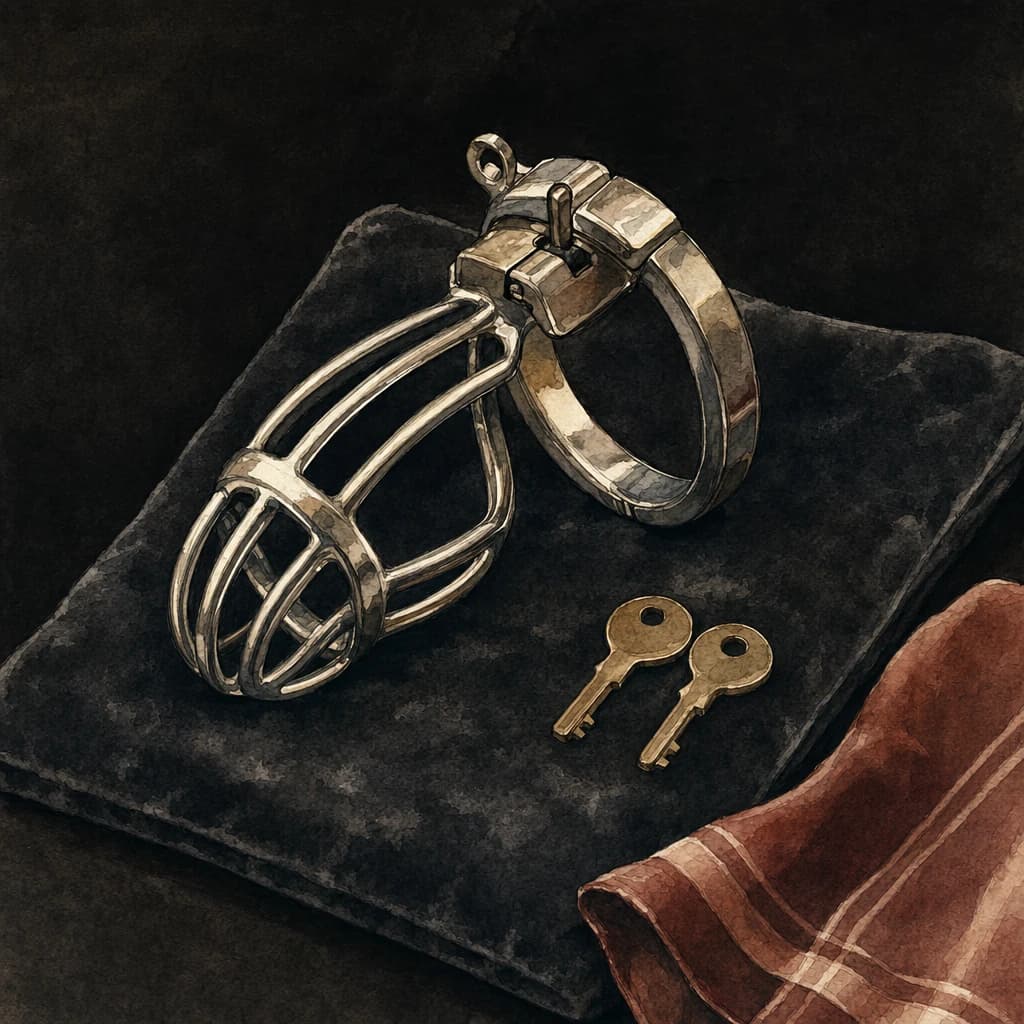 Steel chastity cage resting on a velvet cushion beside two brass keys