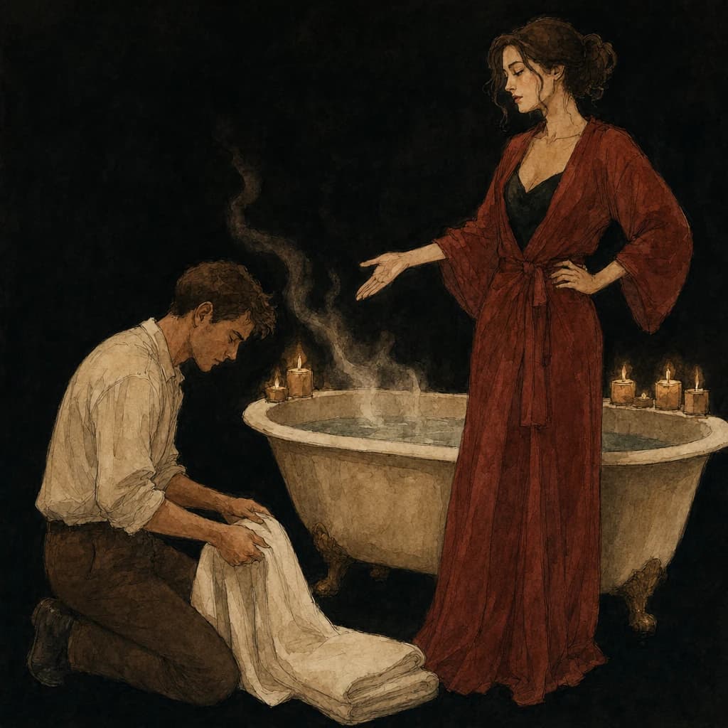 Woman in a robe pointing to a candlelit bath while her partner kneels and folds towels