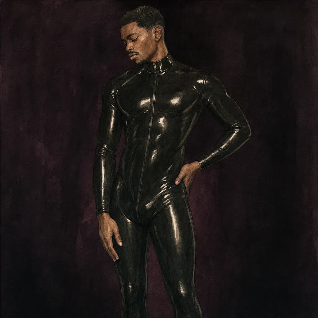 A submissive man wearing latex gear chosen for a partner in power-exchange play