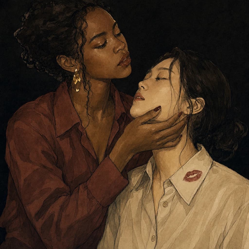 Two women in a soft, intimate moment with gentle kiss marks, the tender aftercare that grounds sapphic kink
