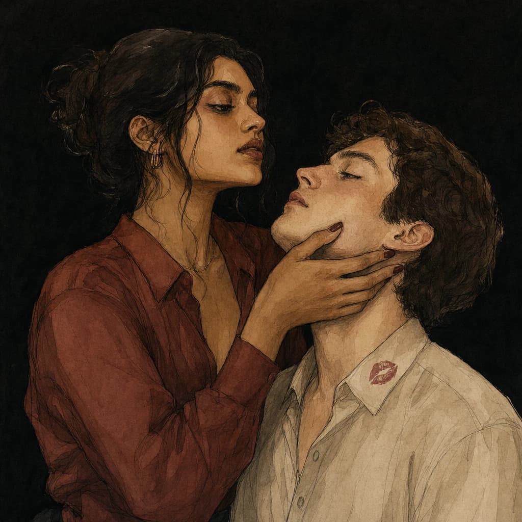 Illustration of a couple trading tender kisses in the afterglow, the soft closeness oxytocin leaves behind