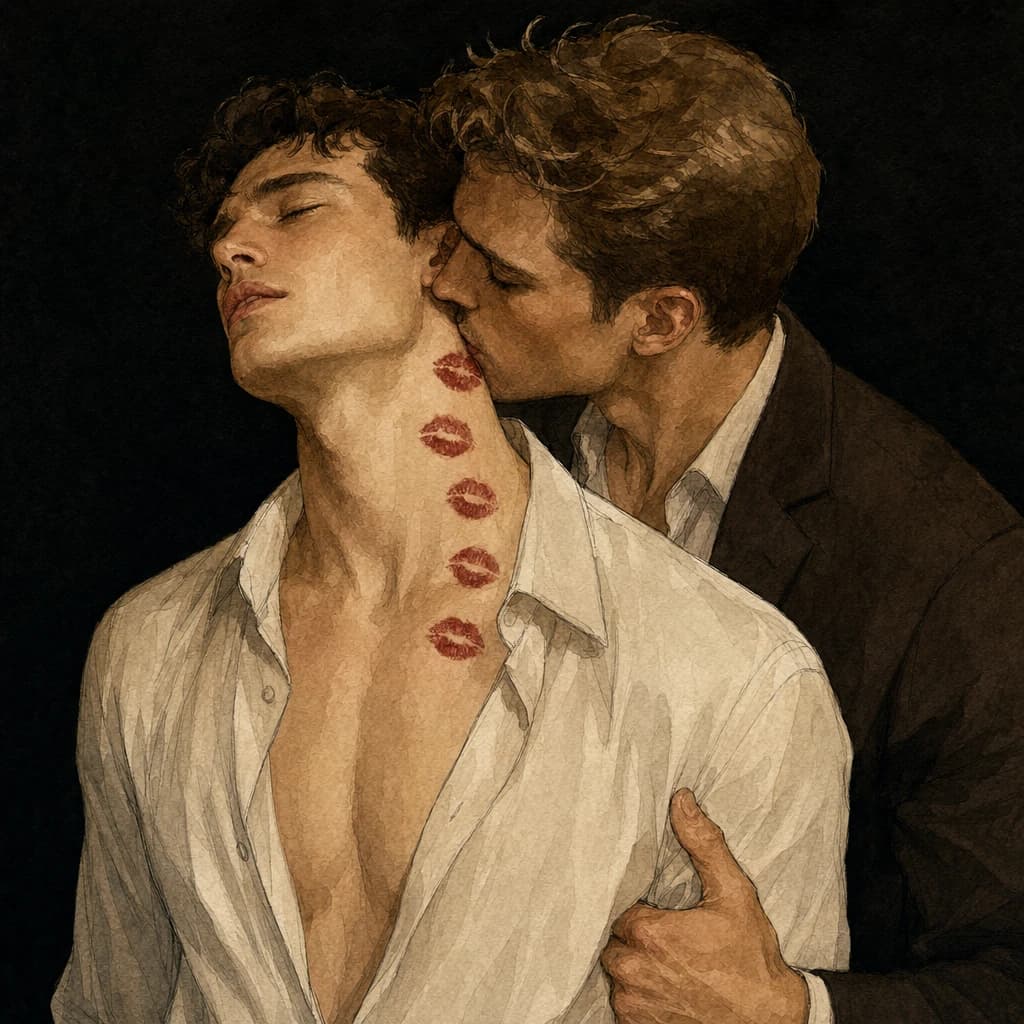 Man kissing his partner's neck, which is marked with a trail of lipstick kisses
