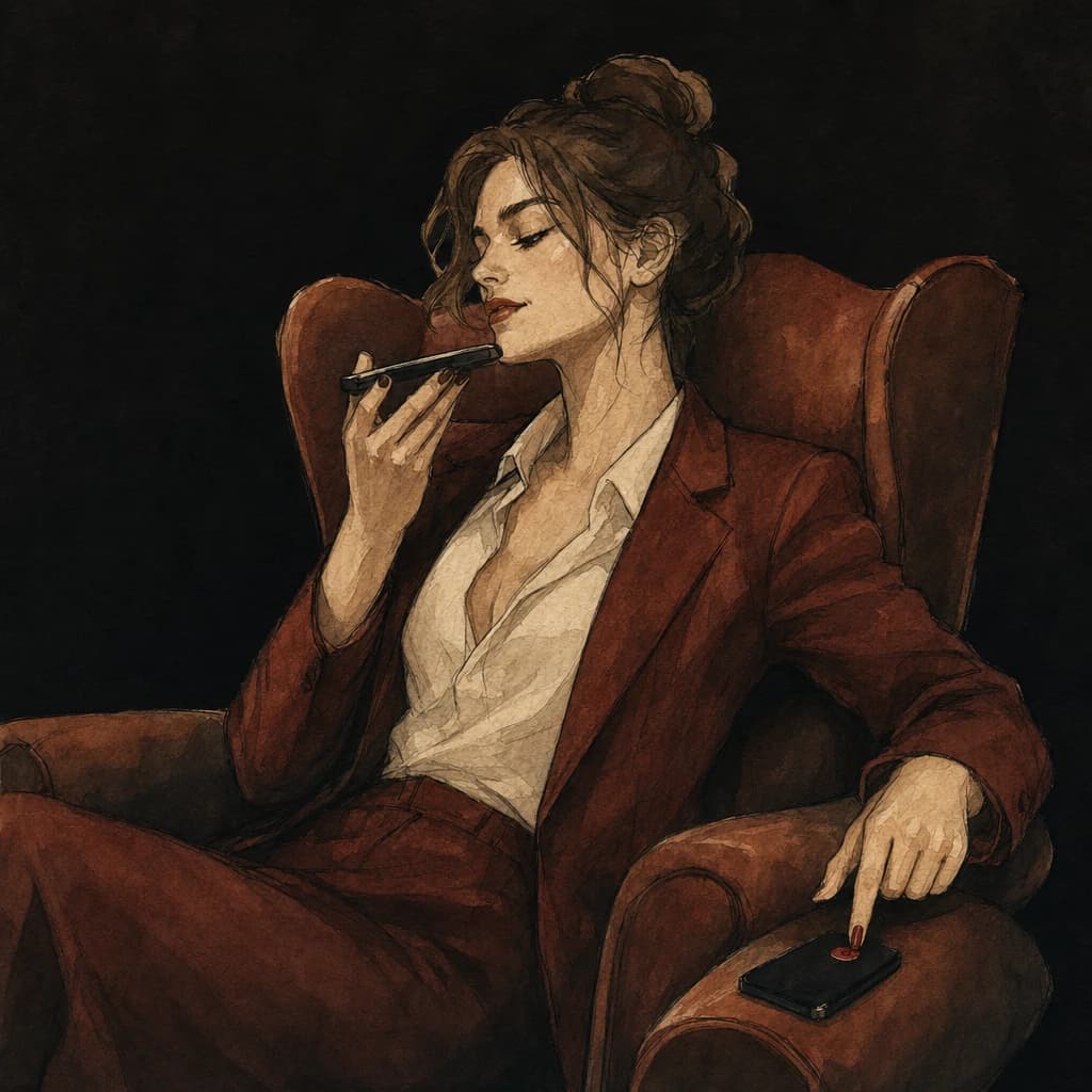 Woman in an armchair speaking into her phone with her eyes closed