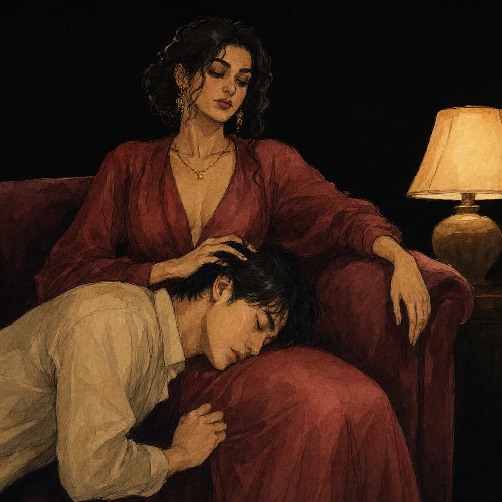 One partner gently strokes the other's hair while giving oral in a relaxed sideways 69 position