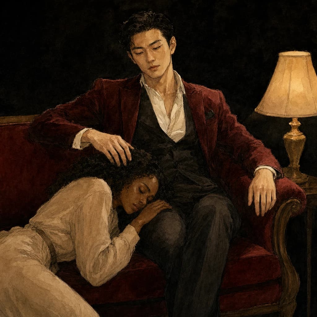 Woman and man lying close as he gently strokes her hair, reconnecting while they explore each other's pleasure together