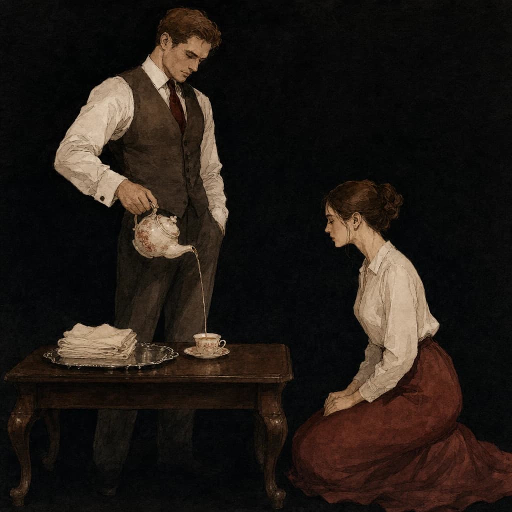 Dominant guiding a submissive through service protocol training in a BDSM slave dynamic