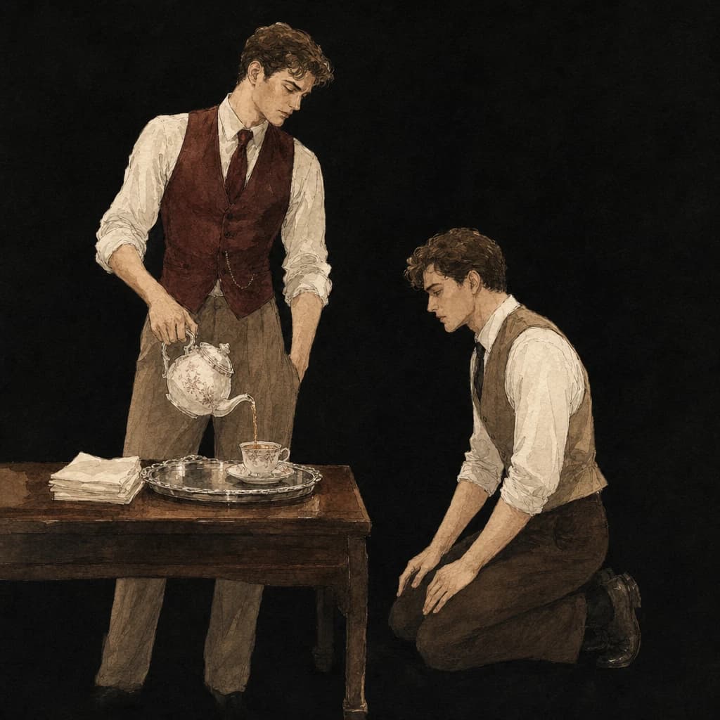 Man pouring tea at a table while his partner kneels nearby