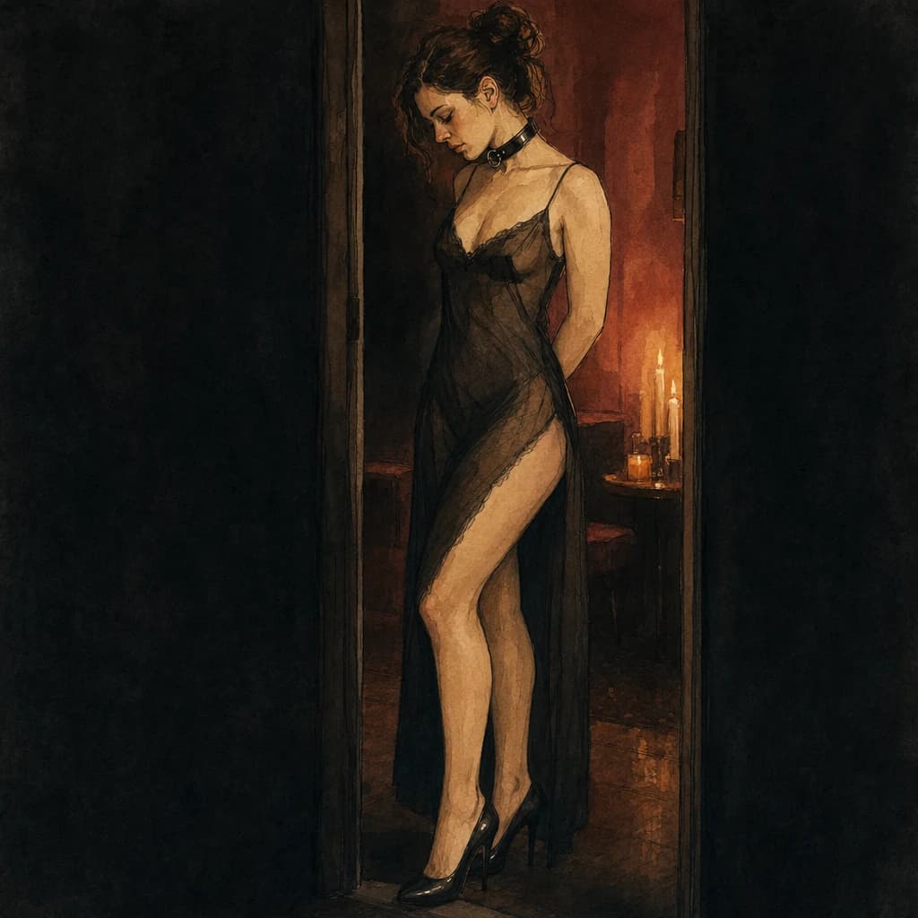 Submissive wearing only a collar and heels on display for a slave auction roleplay scene