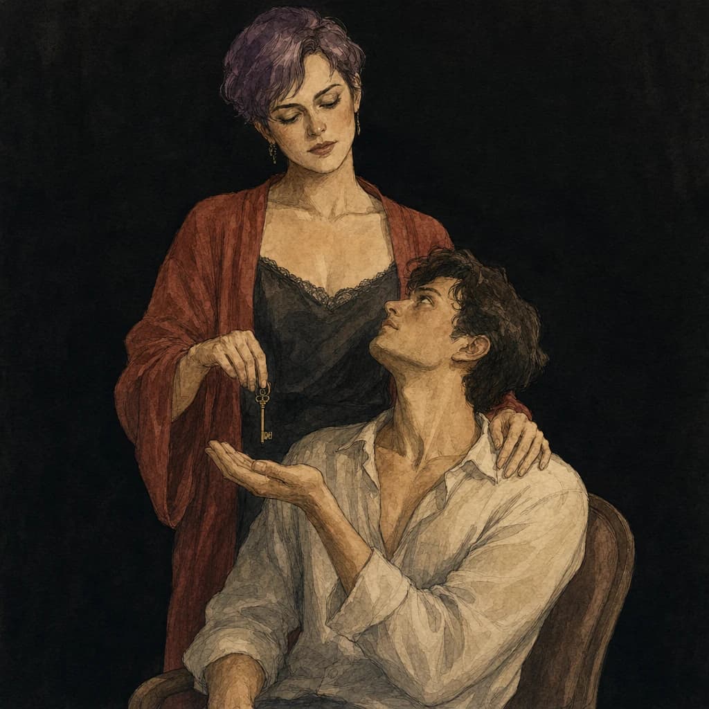 Illustration of a couple as one partner grants the other a release, surrendering control at the peak of pleasure