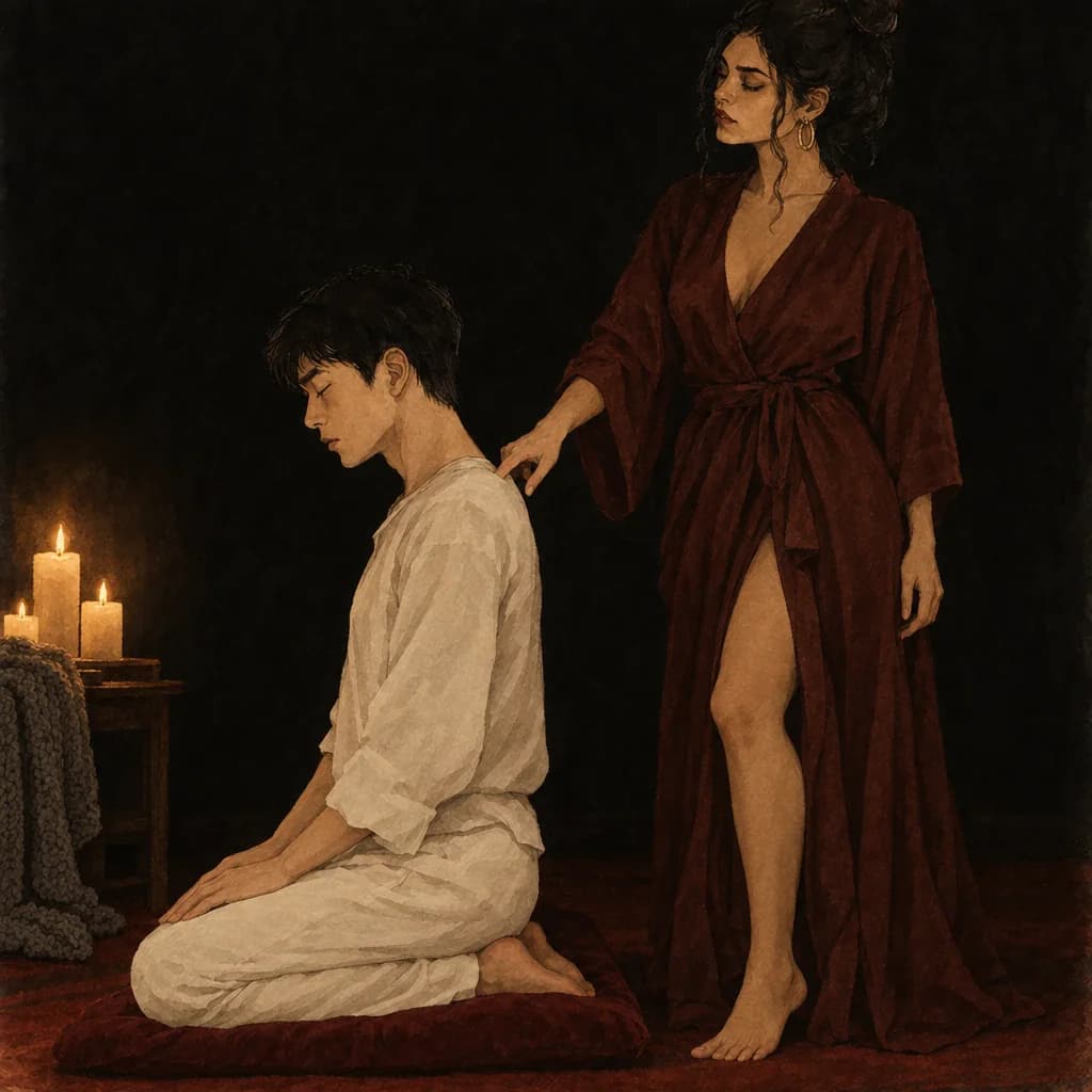 Dominant circling to inspect a submissive's posture during a protocol pose