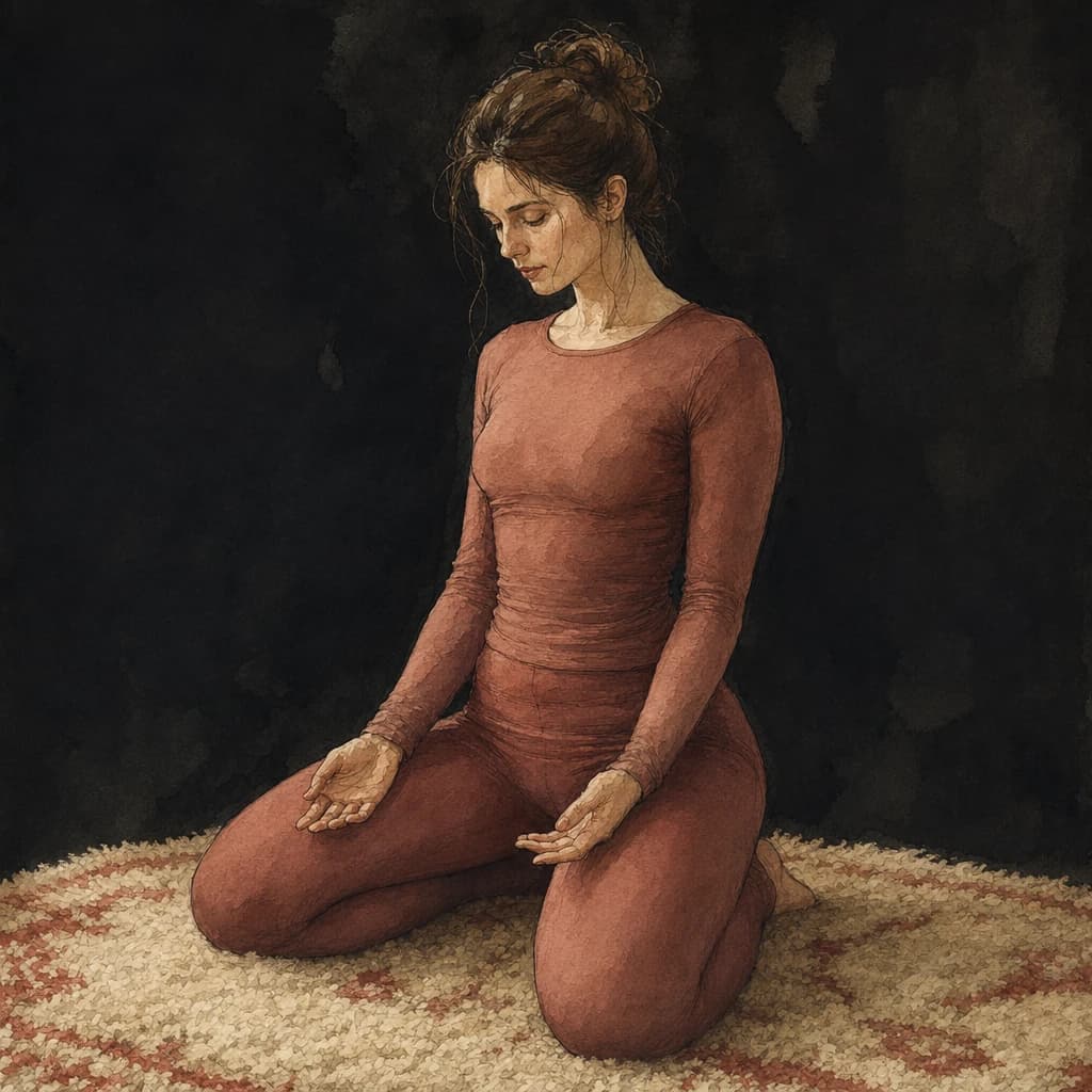 Submissive in an assigned kneeling placement during a D/s scene