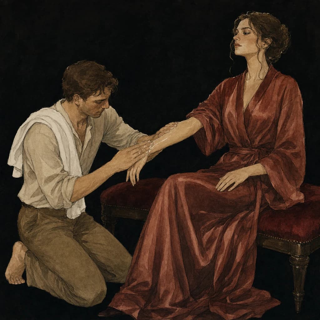 A man tenderly applying body lotion to a woman after her shower, an intimate post-sex aftercare ritual