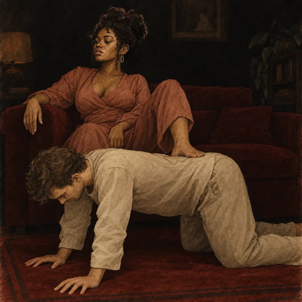 Man serving as a human footstool for a woman during relaxed power-exchange play
