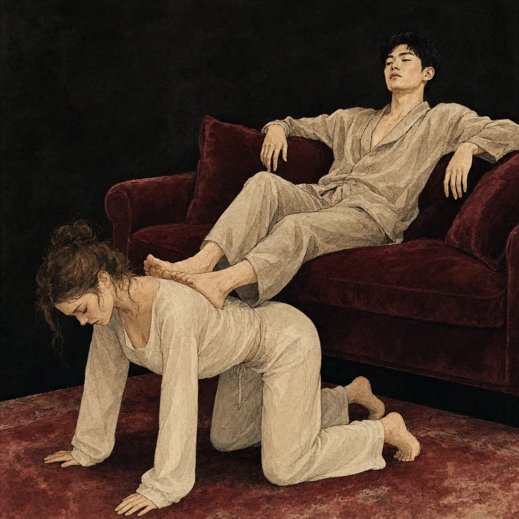 Submissive used as human footstool furniture during a relaxed dominant placement scene