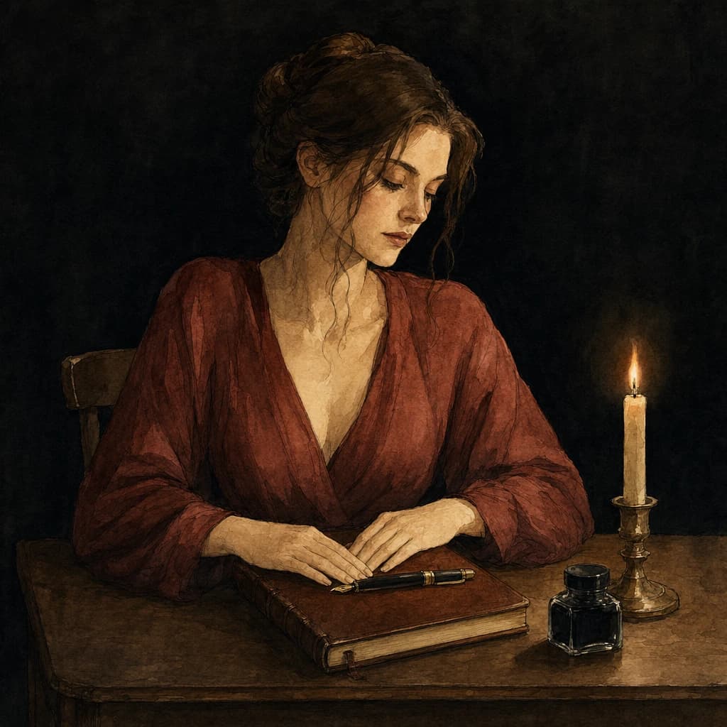 Woman sitting at a table with a closed notebook, pen and ink by candlelight