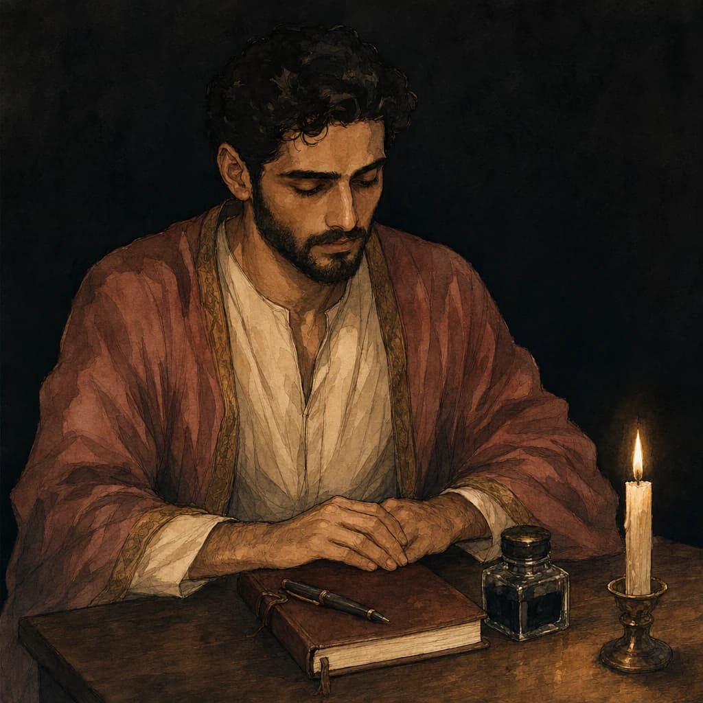 Man at a candlelit desk with a closed notebook, pen and ink