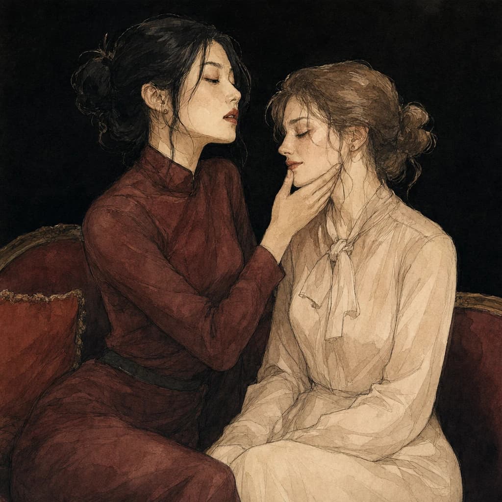 Woman cupping her partner's face and speaking softly to her on a sofa