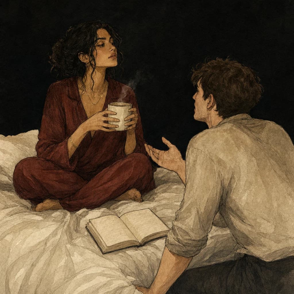 Couple talking openly and sharing fantasies before a threesome to set boundaries and clear expectations