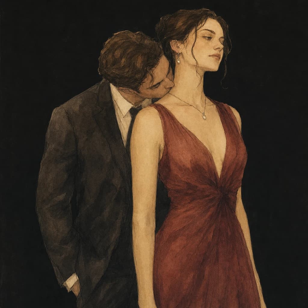 Illustration of a man kissing a woman's neck