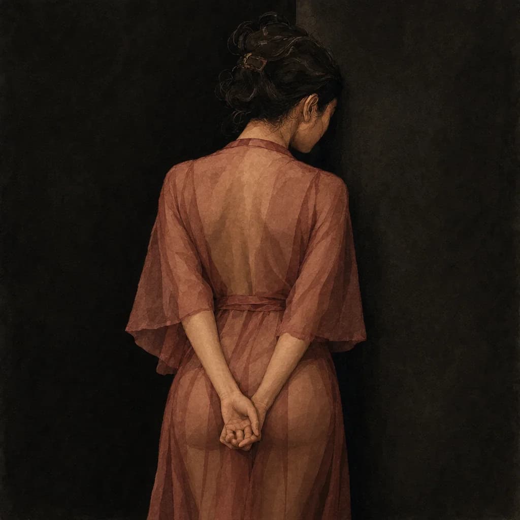 Submissive standing still and silent against the wall while waiting on a dominant command