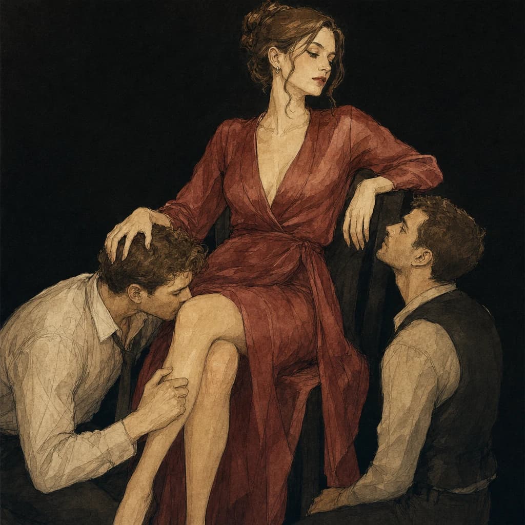 MFM threesome dynamic showing one woman as the shared focus of two male partners in a three-person scene