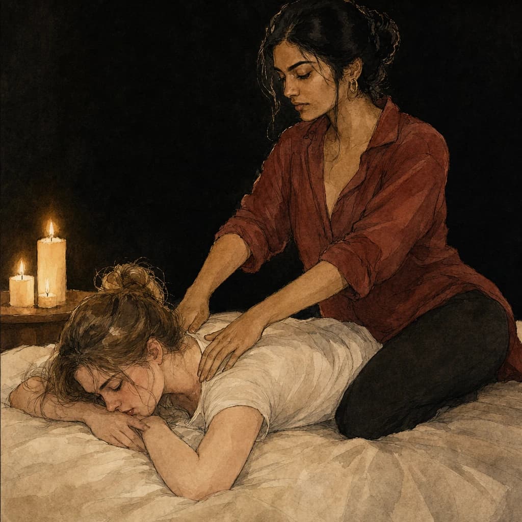 Relaxed couple sharing a soothing shoulder massage while setting the mood for play