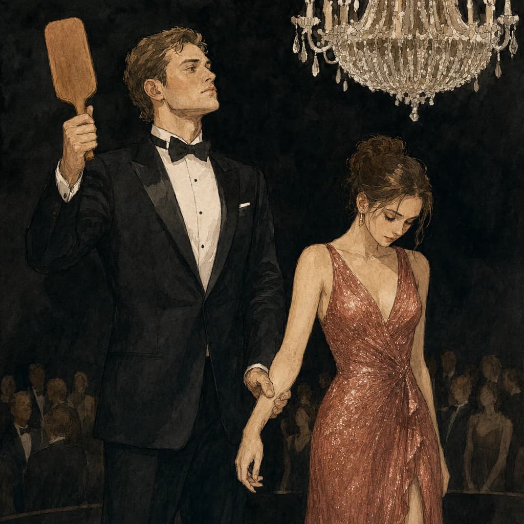 Wealthy masked bidder claiming a volunteer at a charity slave auction roleplay date scene