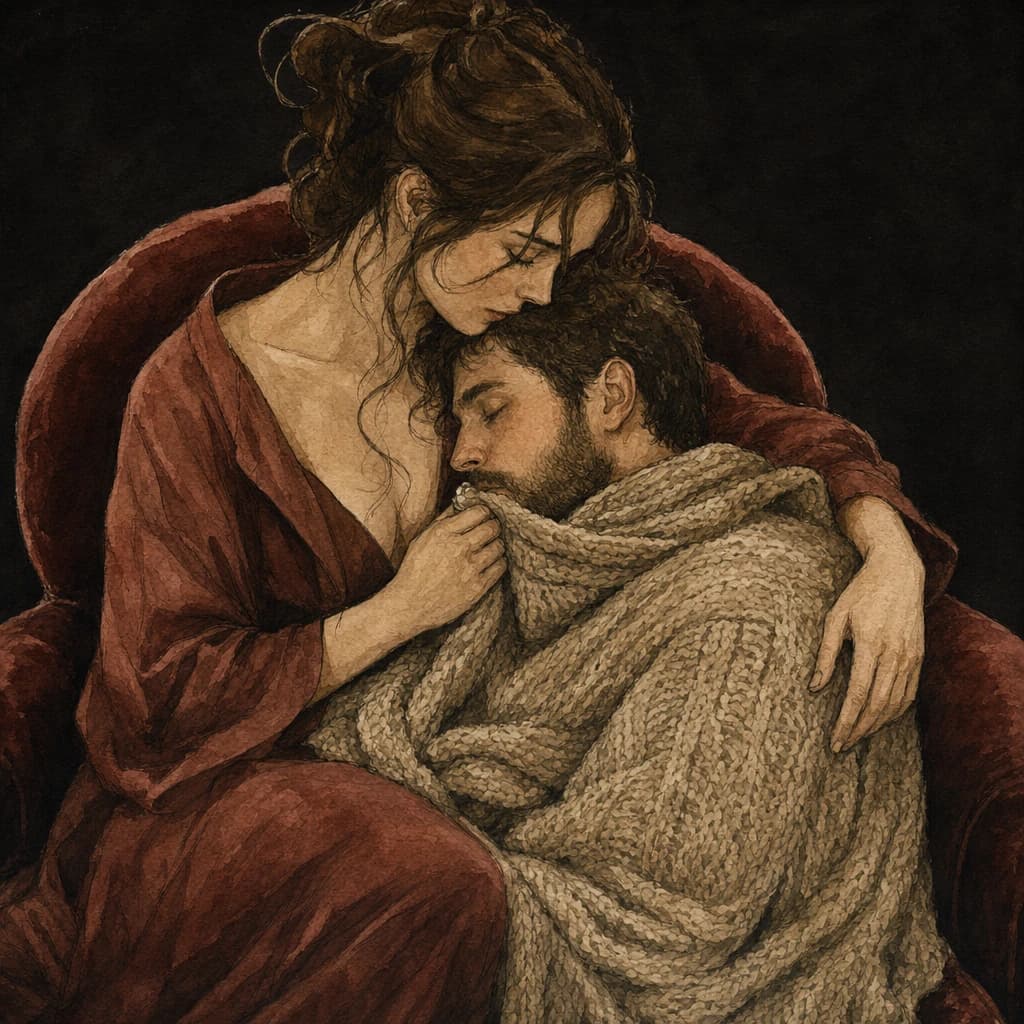 Couple sharing aftercare cuddles after easing out of the Full Nelson position