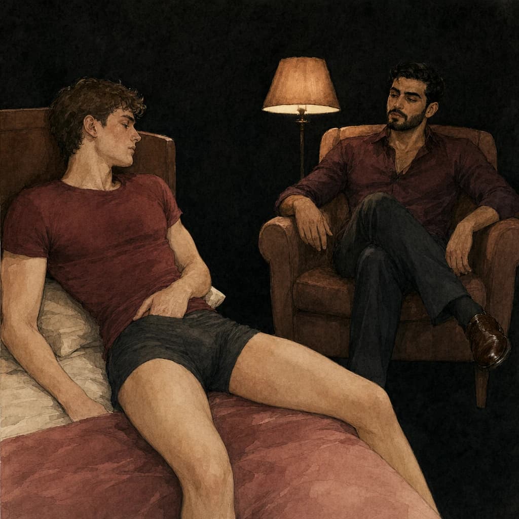 One partner using a stroker machine while the other watches during shared foreplay