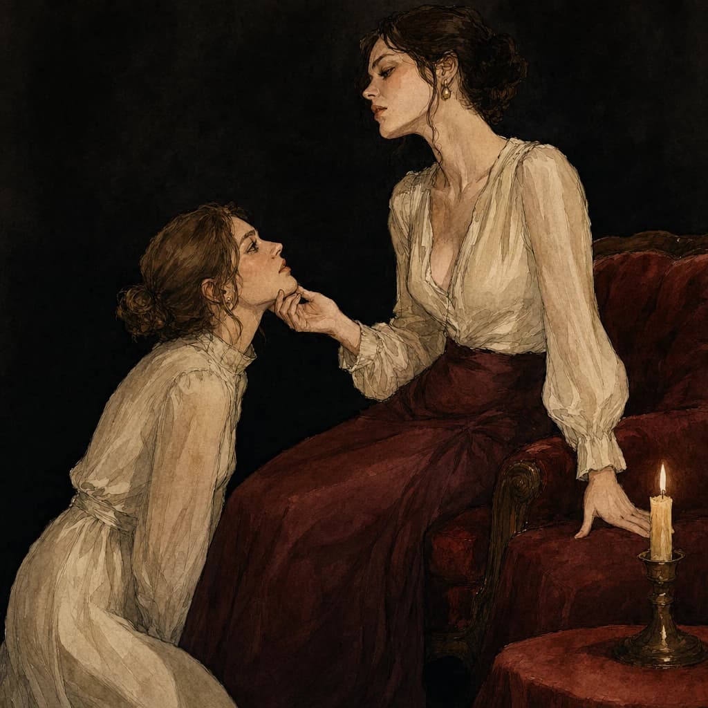 One woman holding another's chin with intense eye contact, the power play at the heart of sapphic kink