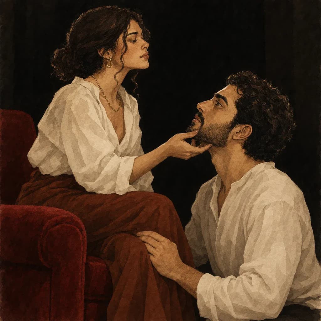 Man holding his partner's chin as the woman maintains eye contact while directly initiating sex