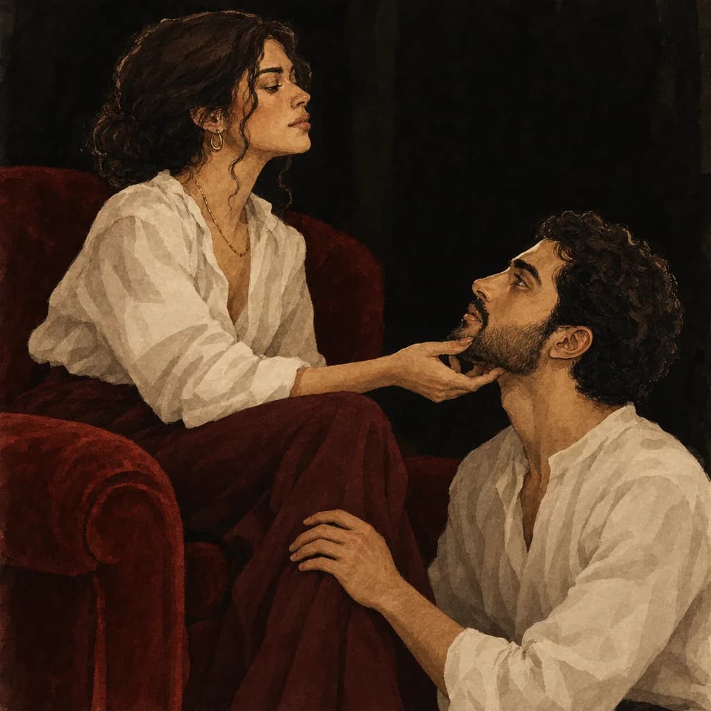 Dominant man holding his partner's chin to establish unwavering eye contact and quiet bedroom authority
