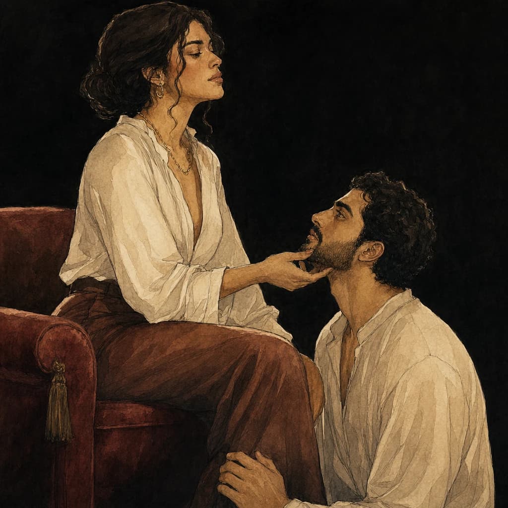 Seated woman holding the chin of her kneeling partner as he looks up at her