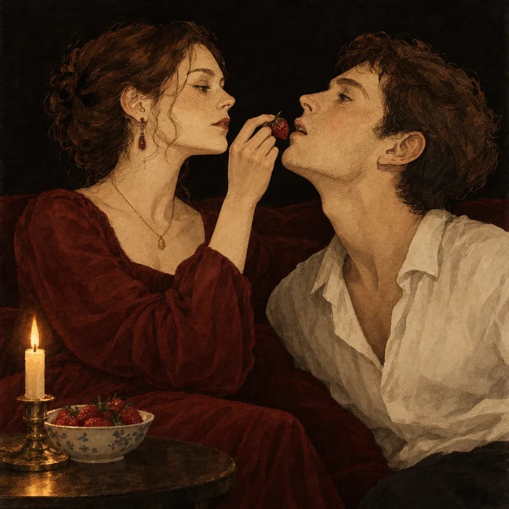 A man playfully feeding a woman fresh fruit in bed, adding taste and sensory play to a slow morning together