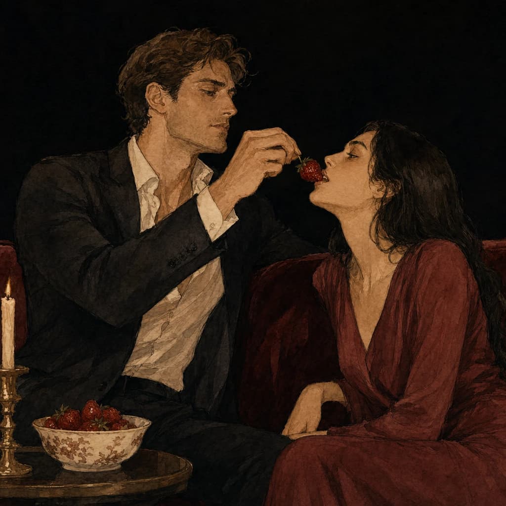 Man feeding a strawberry to his partner by candlelight