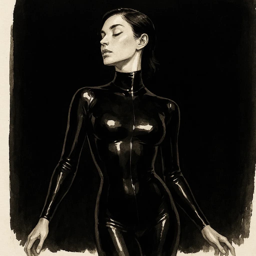 Femdom mistress wears a latex catsuit