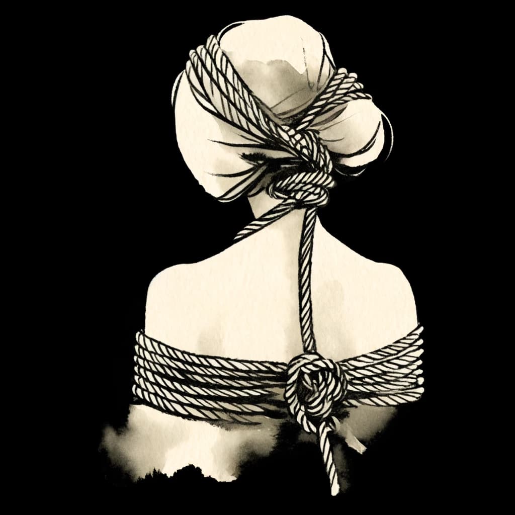 A woman encased in Shibari