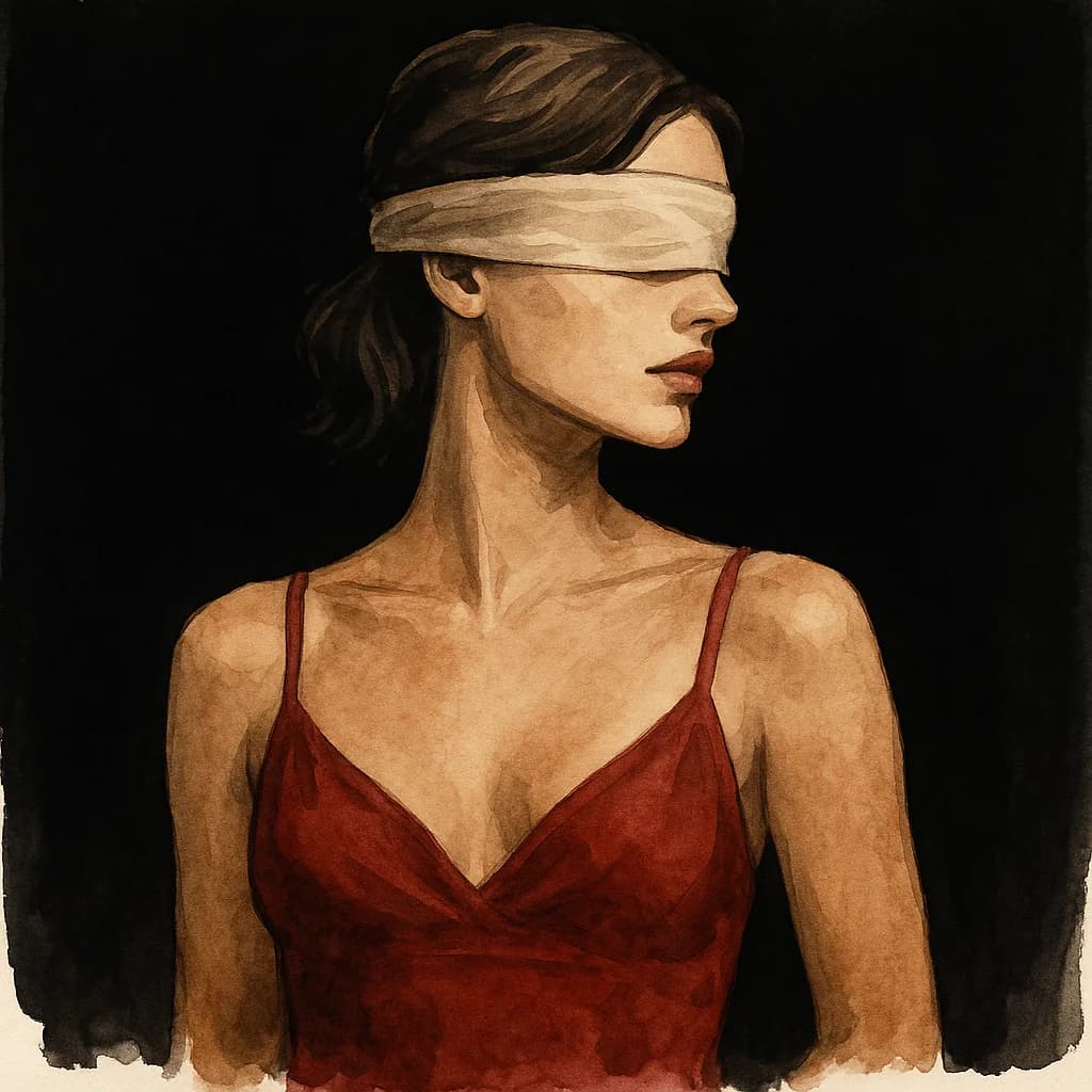 A woman wearing a blindfold for sensory deprivation play