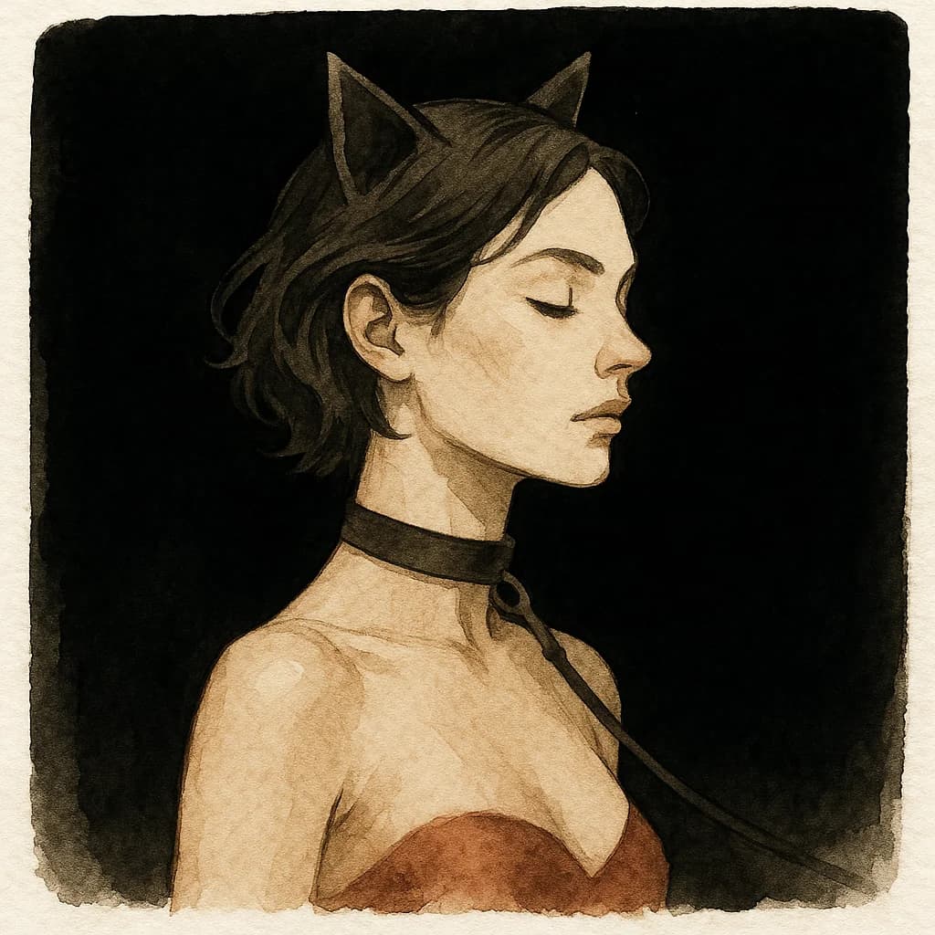 A woman wearing cat ears and a collar in pet play attire