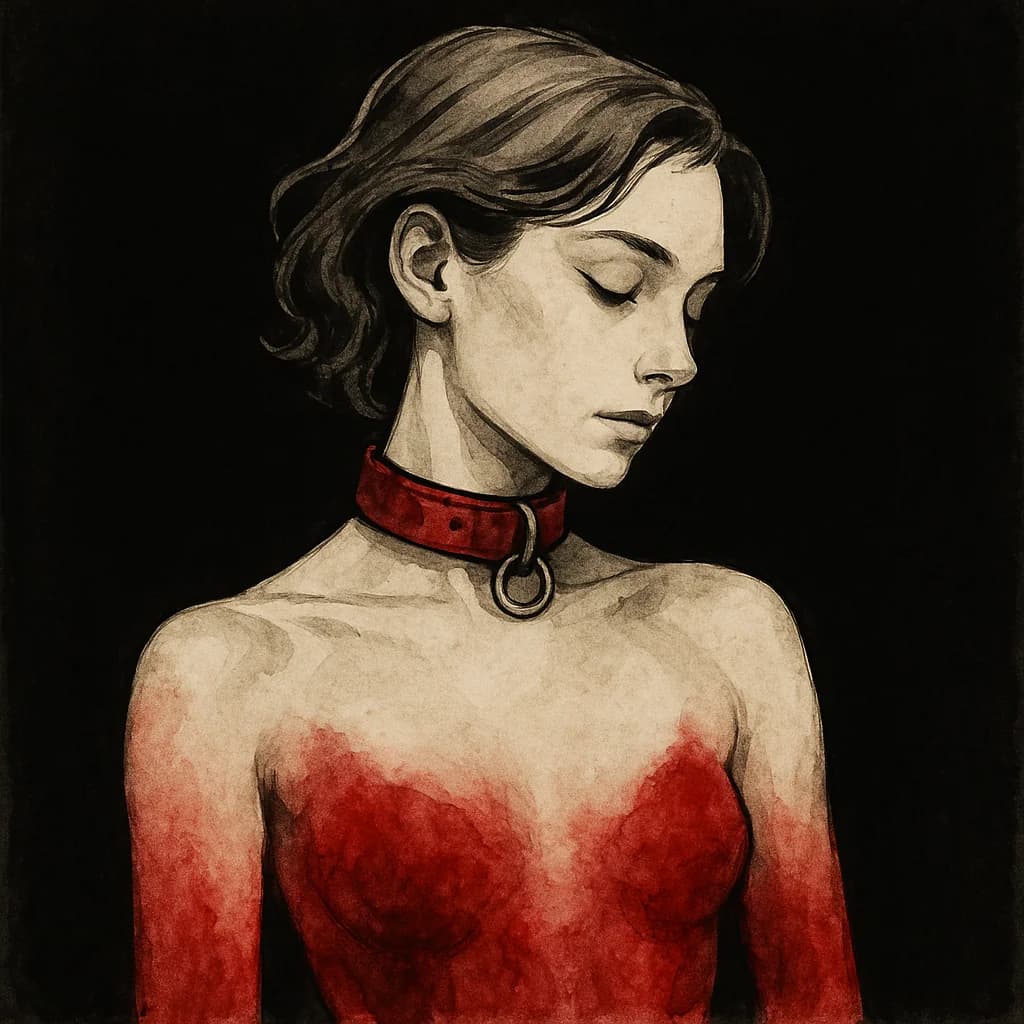 A submissive wearing a collar with a pet tag