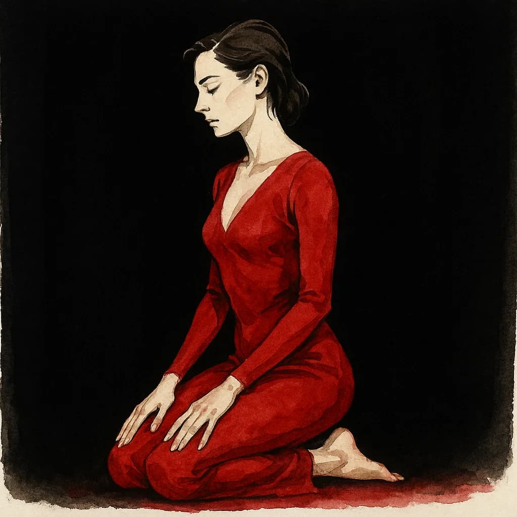 A woman in a formal kneeling position showing proper submissive kneeling positions in BDSM