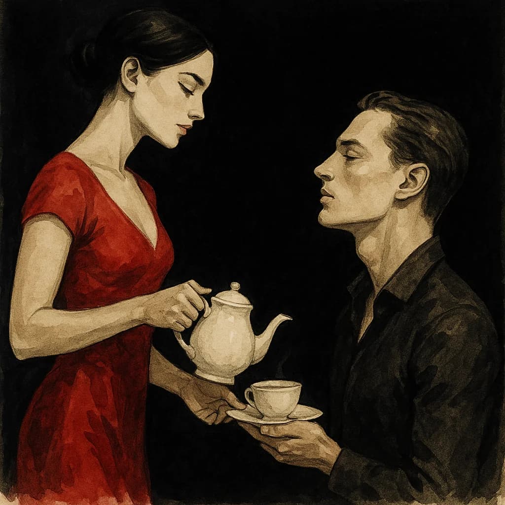 A woman serving tea formally to her dominant partner