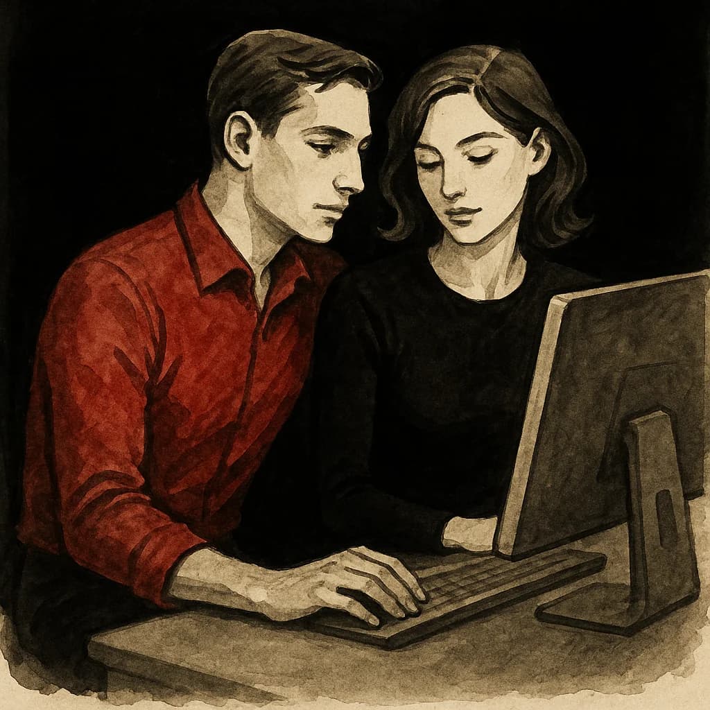 A man and woman working together at a computer learning online